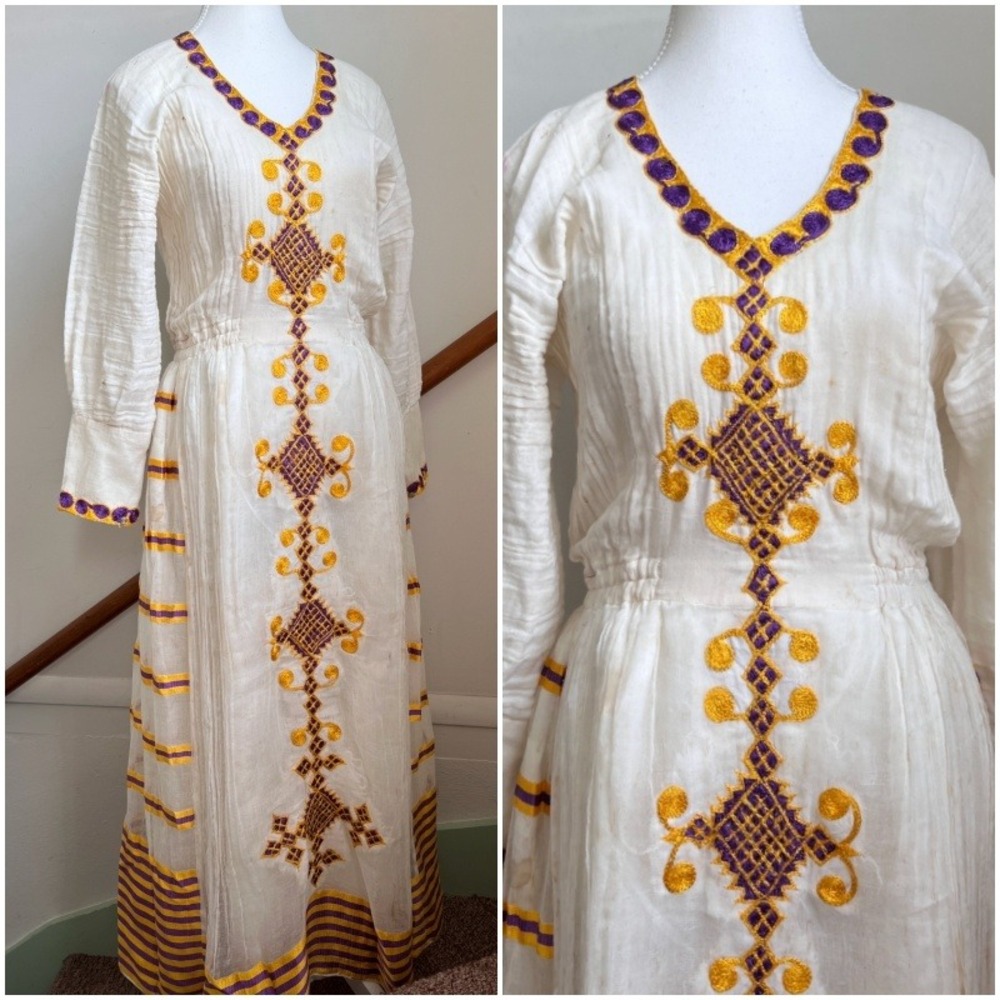 Ethiopian Habesha Kemis Dress White Purple Gold Embroidered‎ Maxi Traditional